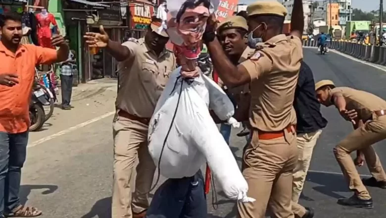 திருப்பூரில் கவர்னரின் உருவ பொம்மையை எரிக்க முயற்சி !